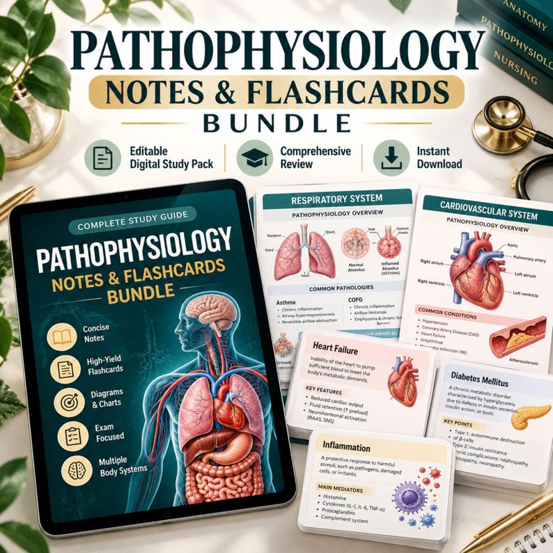Pathophysiology Study Guide Bundle, Nursing Notes, Flashcards & Digital PDF for Nursing School