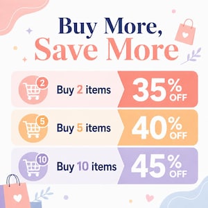Op de afbeelding: Een promotionele afbeelding met de tekst 'Koop meer, bespaar meer'. Het toont staffelkortingen: Koop 2 items, krijg 35% korting; Koop 5 items, krijg 40% korting; Koop 10 items, krijg 45% korting. Winkelwagenpictogrammen zijn inbegrepen.