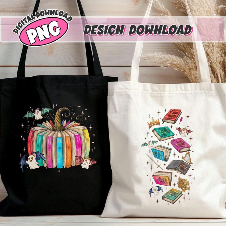May include: A black tote bag featuring a pumpkin made of colorful books with ghosts and a white tote bag displaying a collection of illustrated books, crowns, swords, and small winged creatures, both with the text DIGITAL DOWNLOAD PNG DESIGN DOWNLOAD.