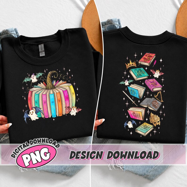 May include: A black sweatshirt featuring a graphic of a pumpkin made from colorful books with small ghosts and stars. The back design displays a vertical arrangement of various books, a golden crown, a sword, and a mask, surrounded by ghosts and stars.