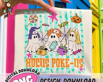 Hocus Poke-us Heks Verpleegster PNG Digitale Download, Preppy Halloween Verpleegster Shirt Ontwerp, Vleermuisstreep Spooky Zorgmedewerker PNG Clipart