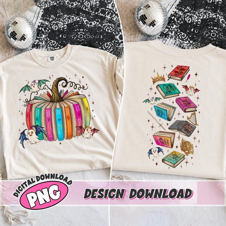 May include: A cream-colored t-shirt featuring a graphic of a pumpkin made of books with ghosts and wings on the front, and a back design displaying various books, a crown, a sword, a harp, a mask, and small ghosts surrounded by sparkling stars.