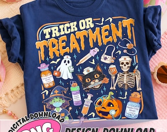 Treat Or Treatment PNG Digital Download, Halloween Nurse Shirt Design, Cute Ghost Nurse Graphic, Nursing Student PNG Clipart