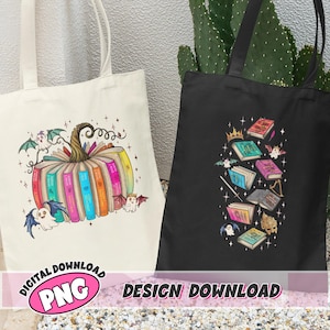 May include: Two tote bags, one cream and one black, featuring graphic prints. The cream bag displays a pumpkin made of books with ghosts and bats. The black bag shows a collection of floating books, crowns, a sword, and ghosts with stars.