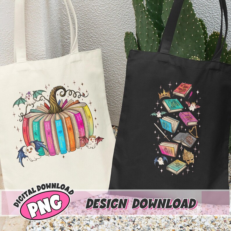 May include: Two tote bags, one cream and one black, featuring graphic prints. The cream bag displays a pumpkin made of books with ghosts and bats. The black bag shows a collection of floating books, crowns, a sword, and ghosts with stars.