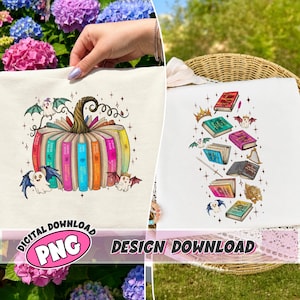 May include: A white fabric surface featuring two distinct graphic prints. The left design shows a pumpkin formed by colorful books with small ghosts and bats. The right design displays a collection of various books, crowns, and small creatures.