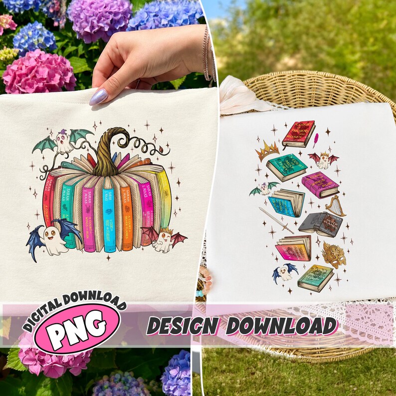 May include: A white fabric surface featuring two distinct graphic prints. The left design shows a pumpkin formed by colorful books with small ghosts and bats. The right design displays a collection of various books, crowns, and small creatures.