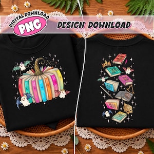 May include: Two black t-shirts featuring colorful graphic prints. The left shirt displays a pumpkin made of books with ghosts and stars. The right shirt shows a vertical arrangement of various books, ghosts, a crown, a wand, and a mask with stars.