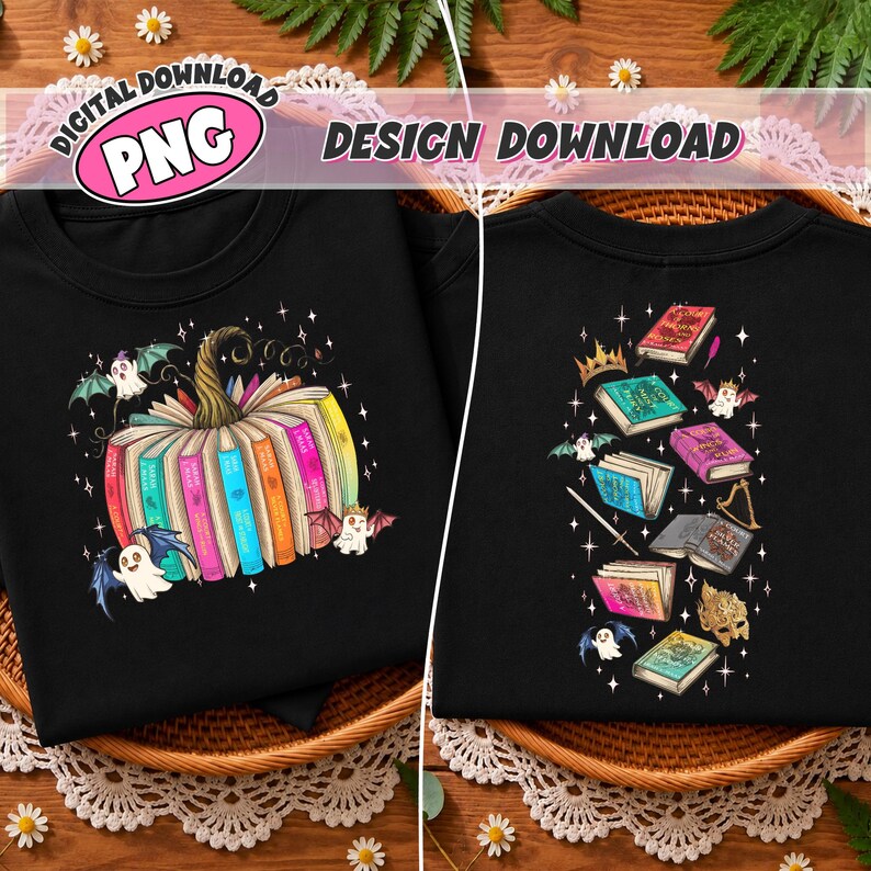 May include: Two black t-shirts featuring colorful graphic prints. The left shirt displays a pumpkin made of books with ghosts and stars. The right shirt shows a vertical arrangement of various books, ghosts, a crown, a wand, and a mask with stars.
