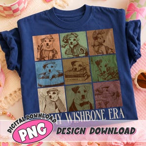 Puede incluir: Una camiseta azul marino con una cuadrícula de nueve ilustraciones de terriers Jack Russell vestidos con varios trajes históricos y literarios, con el texto "MY WISHBONE ERA" impreso en letras mayúsculas blancas en la parte inferior del gráfico.
