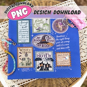 May include: A blue digital download PNG design featuring multiple witch-themed illustrations and text, including phrases like Always, Midnight Margaritas, My Blood Your Blood Our Blood, Witch's House, and There's A Little Witch In All Of Us.