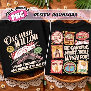 May include: A black t-shirt featuring a graphic design with the text One Wish Willow, Spark the Middle and Break it in Half, and Be Careful What You Wish For. The design includes illustrations of a wishbone, stamps, and various wish-themed icons.