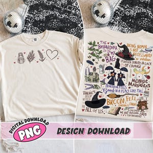 May include: A cream-colored t-shirt featuring a small front graphic of a jar, sprig, flower, and heart, and a large back graphic with witch-themed illustrations, including hats, a black cat, a house, and text like The Belladonna is in my bag.
