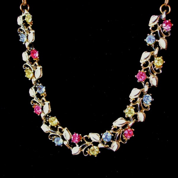 Rhinestone Enamel Floral Mid Century Fruit Salad Flower Choker Necklace 1950s Jewelry
