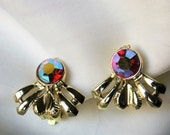 Red Purple Aurora Borealis Firey Lights Gold Tone S G 5th Ave Clip On Earrings 50s Mid Century Costume Jewelry