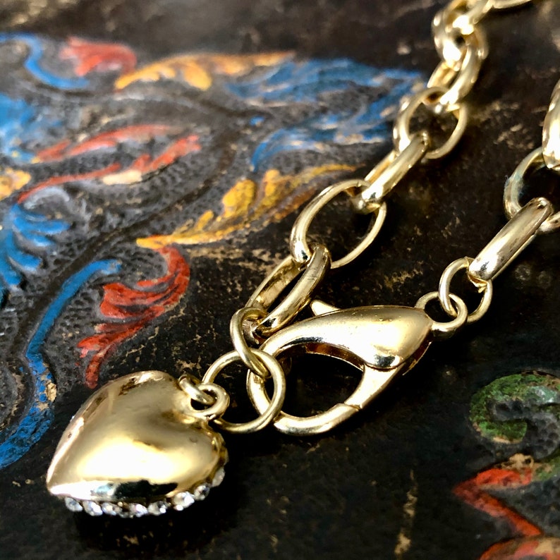 Vintage Gold Tone Dangling Heart Chain Bracelet Puffed Heart Dangle Pave Crystal Heart Charm Cable Link Bracelet
