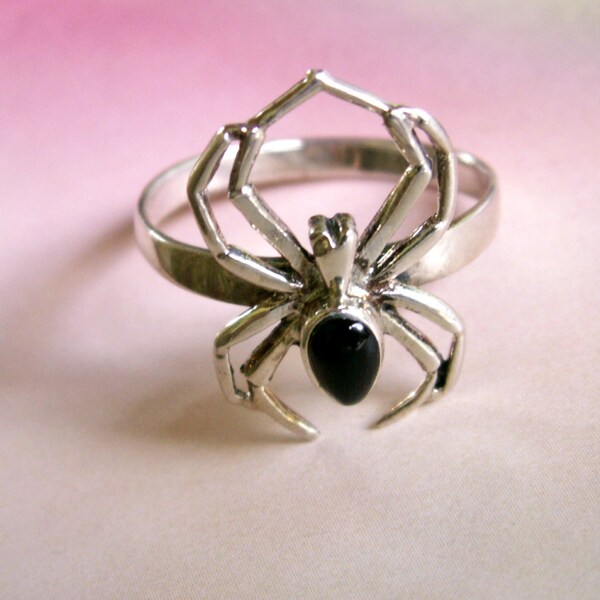 Sterling Silver Black Cabochon Spider Insect Ring - Size 10