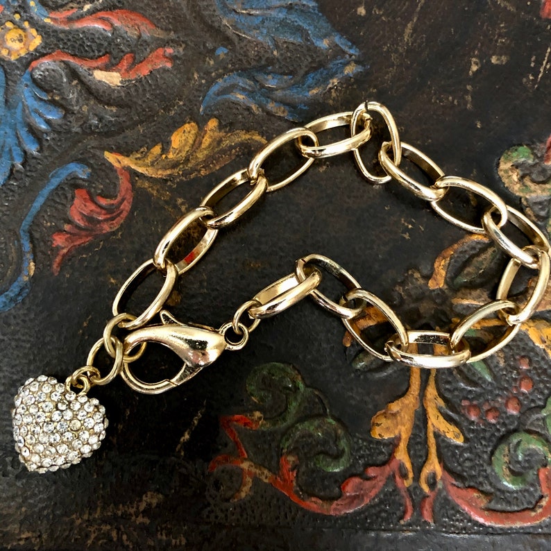 Vintage Gold Tone Dangling Heart Chain Bracelet Puffed Heart Dangle Pave Crystal Heart Charm Cable Link Bracelet