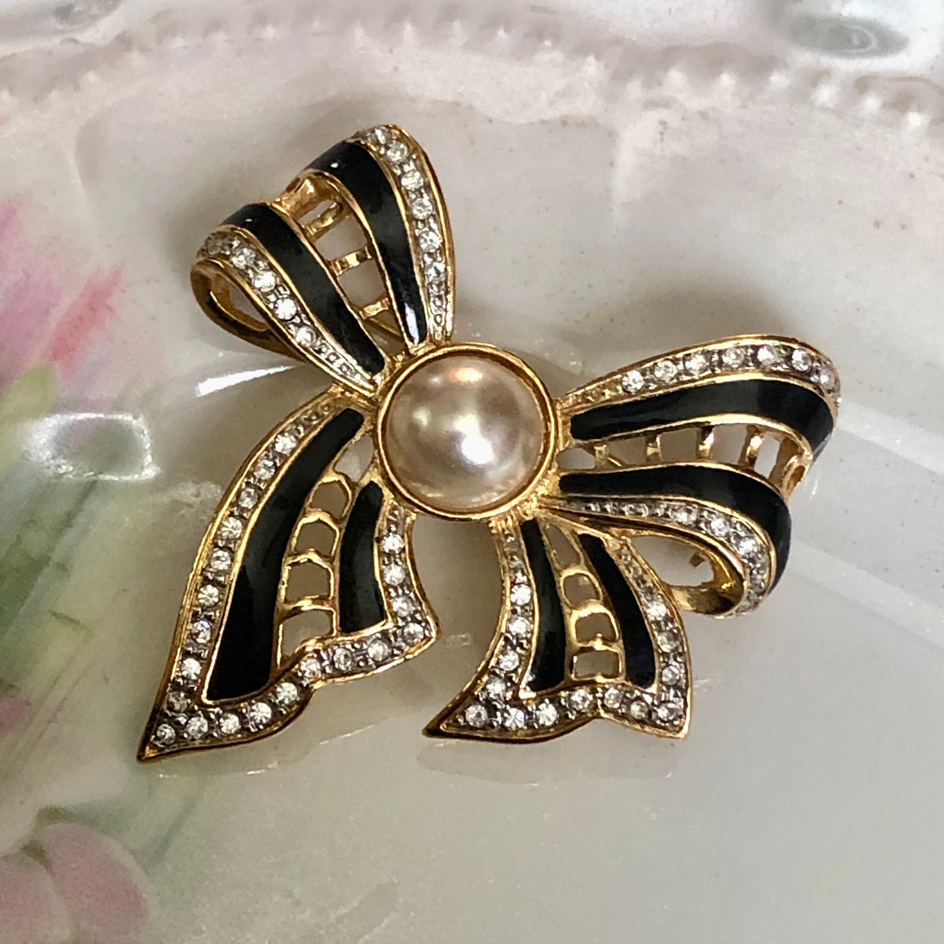 Vintage Gold Tone Rhinestone Black Enamel Bow Pin Faux Pearl | Etsy ...