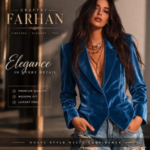 May include: A teal velvet blazer with a single-button closure. The blazer has a classic lapel and two front pockets. The image also includes the text "Craft by Farhan" and "Elegance in Every Detail."