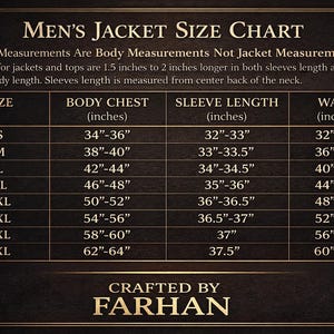 Puede incluir: Una tabla de tallas de chaquetas, con medidas en pulgadas para el contorno de pecho, la longitud de la manga y la cintura. Las tallas van de la S a la 5XL. La tabla est&aacute; sobre un fondo oscuro e incluye el texto "Crafted by Farhan."