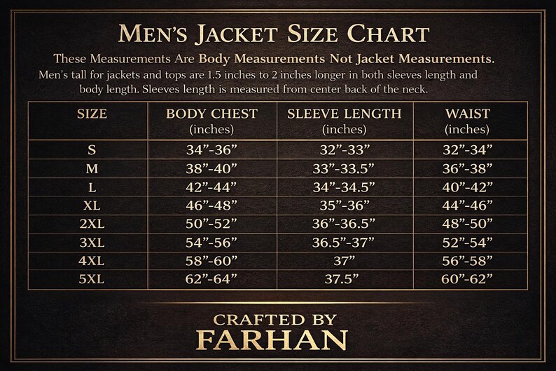 Puede incluir: Una tabla de tallas de chaquetas, con medidas en pulgadas para el contorno de pecho, la longitud de la manga y la cintura. Las tallas van de la S a la 5XL. La tabla est&aacute; sobre un fondo oscuro e incluye el texto "Crafted by Farhan."