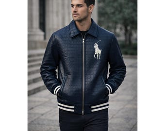 Chaqueta bomber para hombre de Polo Ralph Lauren, color azul marino, de piel auténtica con relieve de cocodrilo.