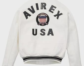Chaqueta bomber Avirex de piel de oveja blanca para hombre – Estilo piloto estadounidense