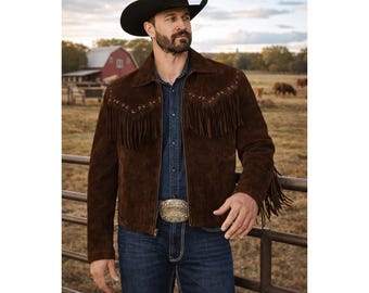 Chaqueta estilo western vintage con flecos de piel de ante auténtica marrón hecha a mano para hombre.