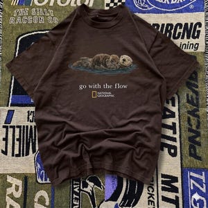May include: A brown t-shirt featuring a graphic of sea otters in water, with the text "go with the flow" and the National Geographic logo. The shirt is a solid brown color.