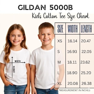 May include: Two children wearing white t-shirts stand next to a size chart for Gildan 5000B kids' cotton tees. The chart shows sizes XS to XL with width and length measurements in inches. The text "Kids Cotton Tee Size Chart" is at the top.