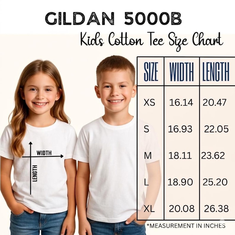 May include: Two children wearing white t-shirts stand next to a size chart for Gildan 5000B kids' cotton tees. The chart shows sizes XS to XL with width and length measurements in inches. The text "Kids Cotton Tee Size Chart" is at the top.