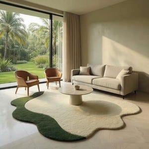 Könnte beinhalten: Ein modernes Wohnzimmer mit einem cremefarbenen Sofa, zwei braunen Ledersesseln und einem runden Couchtisch. Ein einzigartiger Teppich mit grünem und cremefarbenem Design liegt auf dem Boden. Große Fenster bieten einen Blick auf eine tropische Landschaft.