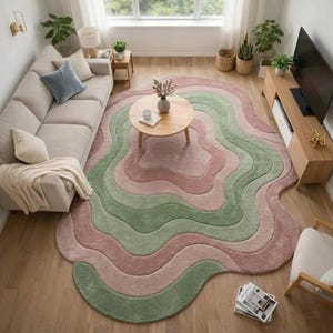 Könnte beinhalten: Ein großer, abstrakter Teppich mit einem wellenförmigen Design in Grün- und Rosatönen. Der Teppich befindet sich in einem Wohnzimmer mit Sofa, Couchtisch und Fernseher. Die einzigartige Form und Farbpalette des Teppichs verleihen dem Raum eine moderne Note.