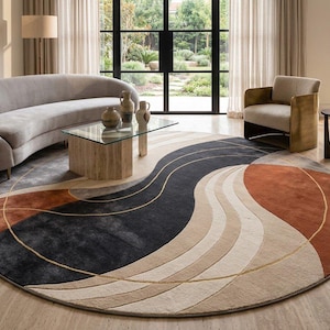 Abstract Round Rug, Wavy Circle Carpet, Blue Beige Rust Wool, Modern Hand Tufted Texture, Luxury Living Room Decor, Large Area Rug