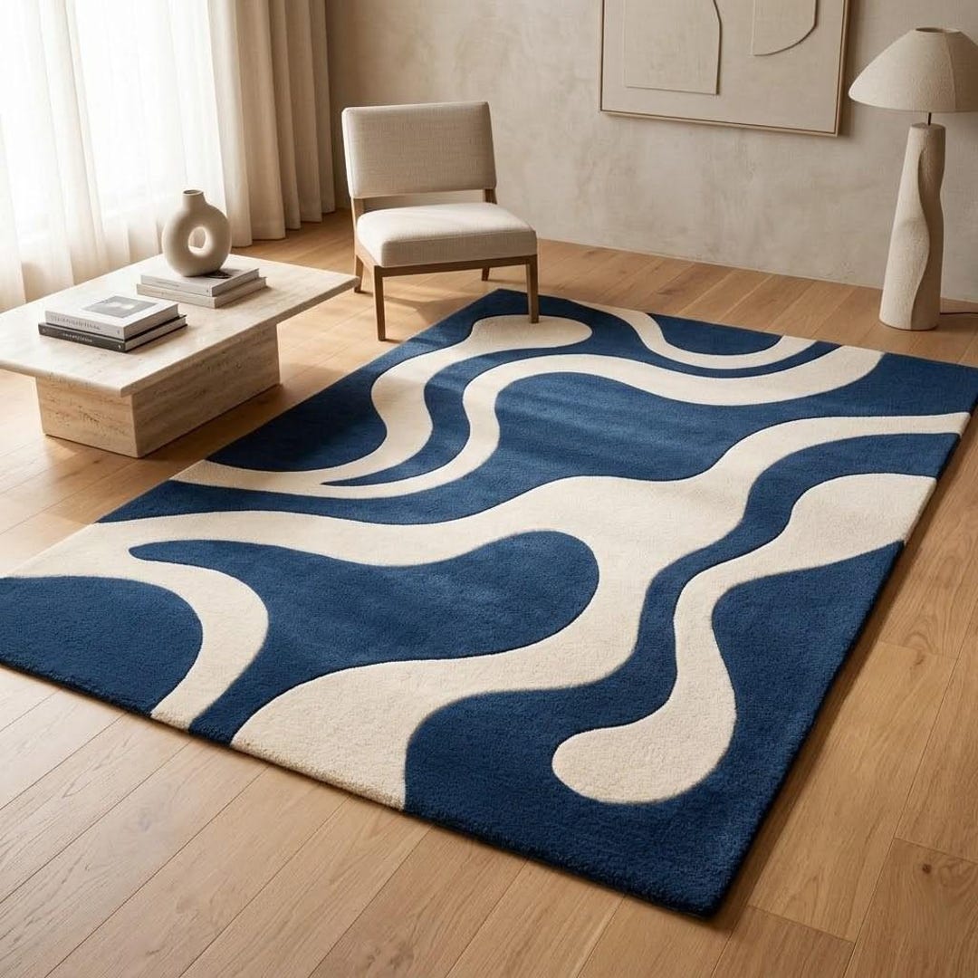 Modern Abstract Wavy Rug Navy Blue and Cream Area Rug Hand Tufted Large ...