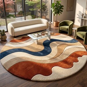 Abstract Rug, Round Wavy Rug, Blue Orange Beige, Hand Tufted Wool, Modern Aesthetic Carpet, Luxury Living Room Decor, Large Area Rug