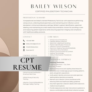 May include: A resume for Bailey Wilson, a Certified Phlebotomy Technician. The document includes a professional summary, contact information, core skills, certifications, and professional experience. The resume is in a clean, modern layout with a light beige background.