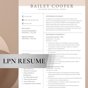 May include: A professional resume template for a Licensed Practical Nurse (LPN). The document includes contact information, a professional summary, work experience, core skills, and education details. The resume is designed with a clean, easy-to-read layout.