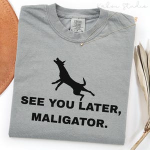 May include: A grey short-sleeved t-shirt featuring a black silhouette of a jumping dog and the text "SEE YOU LATER, MALIGATOR." printed in black. The shirt has a crew neckline and a Comfort Colors brand label visible at the inner collar.