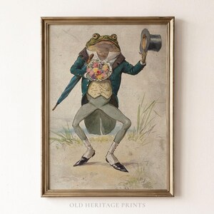 May include: A framed vintage-style illustration of an anthropomorphic frog dressed in a dark green tailcoat, light waistcoat, and grey trousers. The frog holds a colourful bouquet of flowers in one hand and a grey top hat in the other, with an umbrella tucked under its arm.