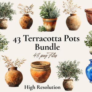 May include: A digital collection of 43 terracotta pots and various potted plants, including olive trees and dried floral arrangements. The set features diverse clay vessels in earthy tones and one bright blue vase, labeled 43 Terracotta Pots Bundle.
