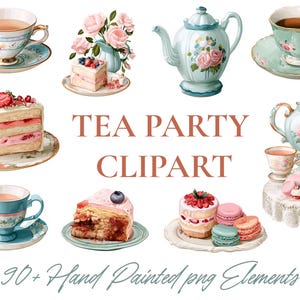 Vintage Tea Party Clipart, Hand-Painted Gouache Elements, Floral Afternoon Tea (Digital Download)