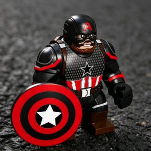 May include: A black and red Captain America action figure with a shield. The figure has a black helmet with a red "A" and a star on the chest. The shield is red with black stripes and a white star.