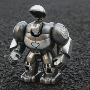 以下が含まれることがあります： 開閉可能なヘルメットが付いた、シルバーとグレーのロボットのおもちゃ。丸みを帯びた肩、胸部プレート、関節式の腕と脚を備えた詳細なデザインです。暗く、質感のある表面に立っています。