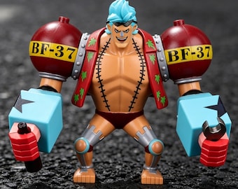 Franky BF-37 Custom Adult Figure: Matte ABS, Red Shoulder Armor, Blue Afro, Detachable Blue Cube Weapons — for One Piece Fans