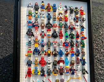 Minifigure Display Frame Matching Mini Character Kit– Full Lineup Shown, flip-open frame, military style wall decor, Black/White Wood Finish