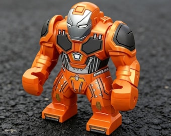 Orange Iron Man Hulkbuster Mark 44 minifigure, matte plastic with full-body circuitry print and rivet details, for Marvel collectors and