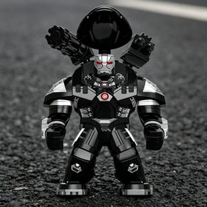 Puede incluir: Una figura de acci&oacute;n negra, plateada y gris de un robot con casco y armas montadas en los hombros. El robot tiene un c&iacute;rculo rojo en el pecho y ojos rojos. La figura est&aacute; de pie sobre una superficie gris oscuro.
