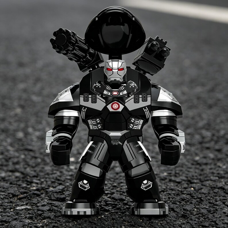 Puede incluir: Una figura de acci&oacute;n negra, plateada y gris de un robot con casco y armas montadas en los hombros. El robot tiene un c&iacute;rculo rojo en el pecho y ojos rojos. La figura est&aacute; de pie sobre una superficie gris oscuro.